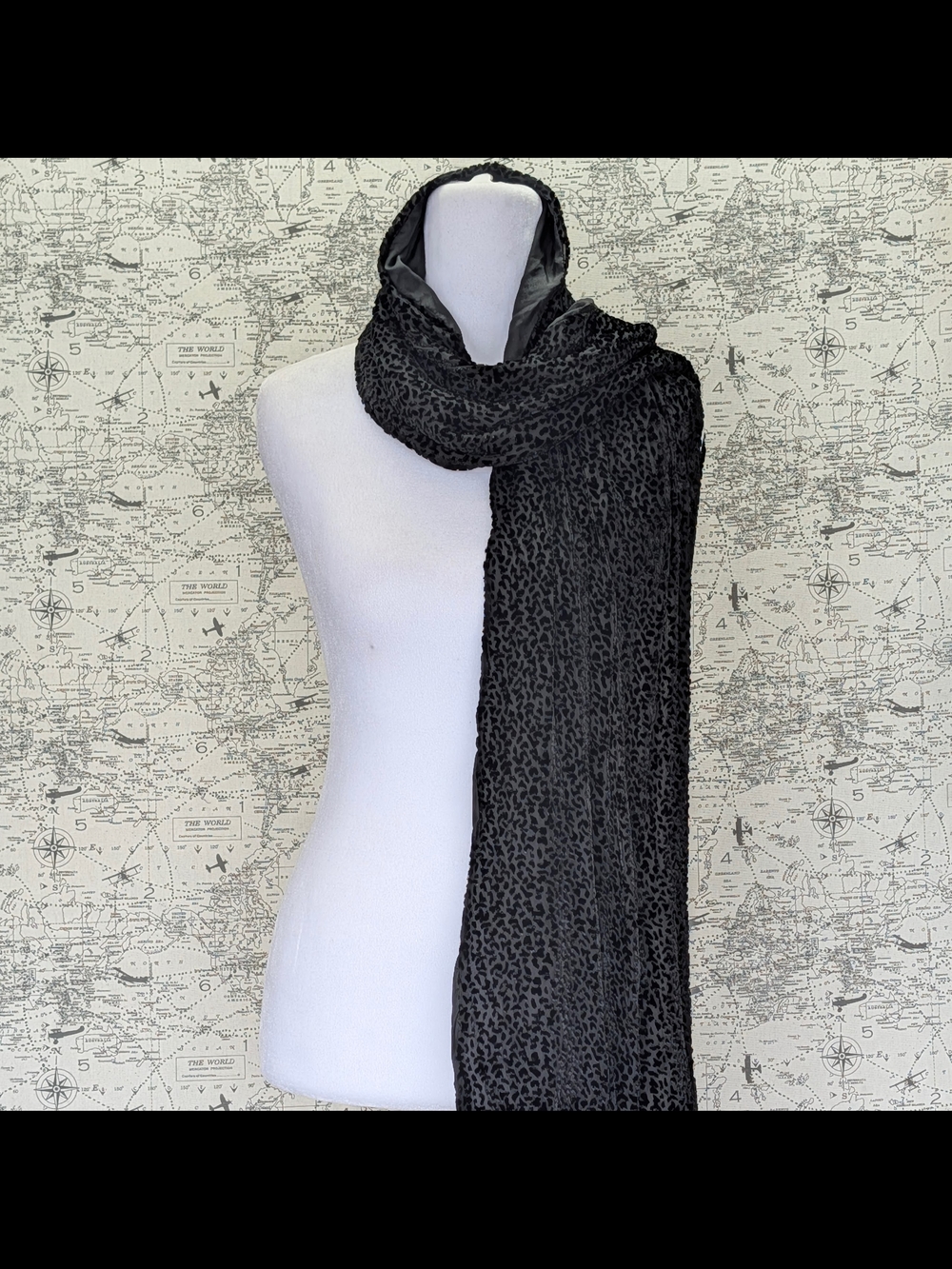 Valerie Stevens Black Leopard Print Burnout Silk Velvet Scarf